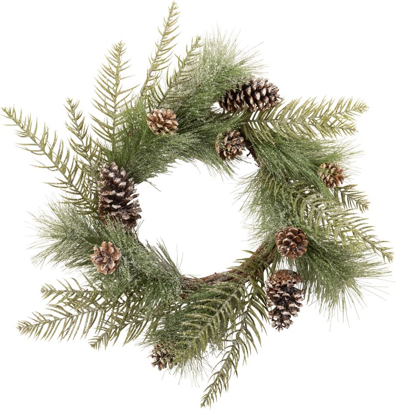 Faux frosted pine and natural pine cone wreath, willow base, 25 in   4