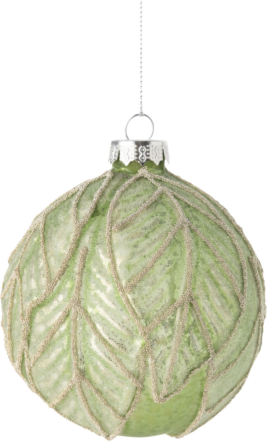 Glass ball ornament, translucent matte pale green with glittered embossed leaf pattern, 80mm/3 in  12