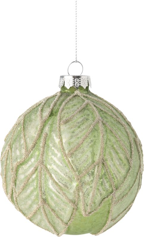 Glass ball ornament, translucent matte pale green with glittered embossed leaf pattern, 80mm/3 in  12
