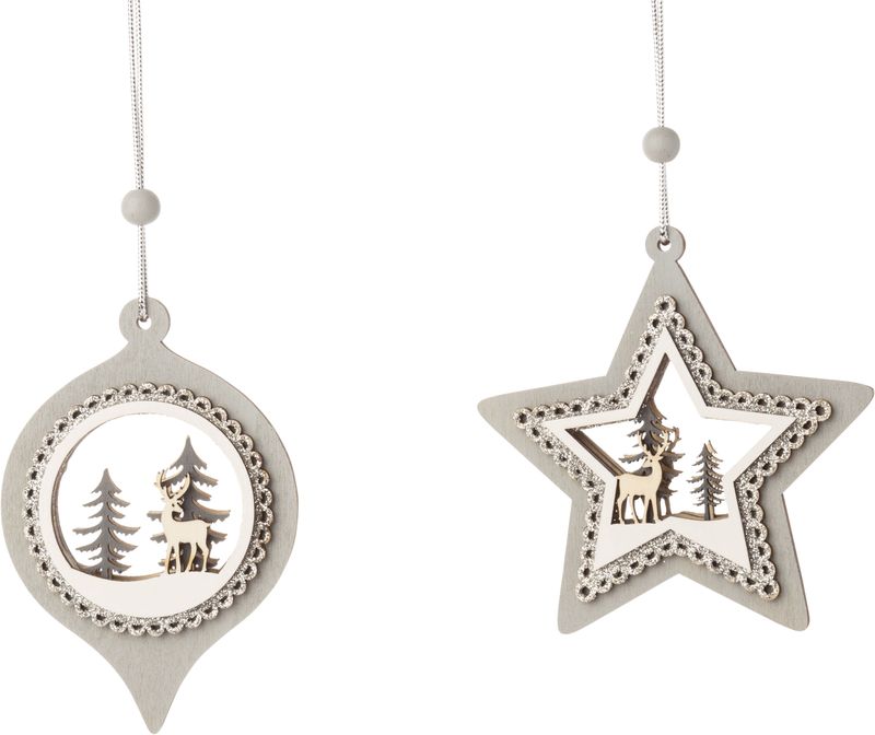 2 Asst&#39;d printed wood drop and star ornament white, grey and silver, 4 in  24