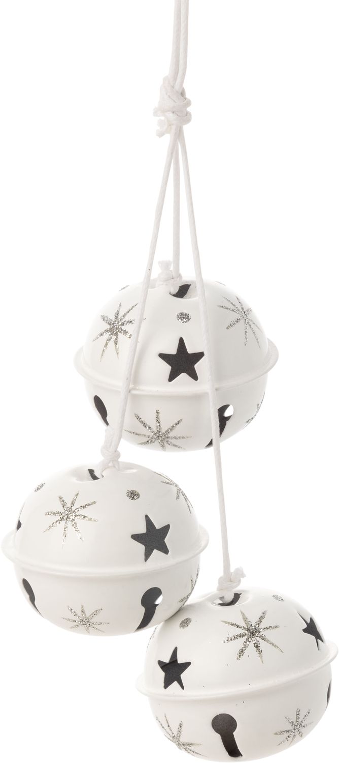 String of 3 white jingle bells, white silver glitter  snowflakes, 11 in  12