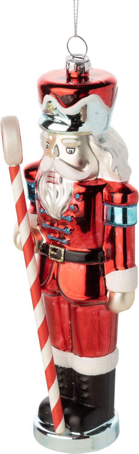 Glass large nutcracker ornament, red with lt blue trim, candy cane staff, 8 in  6