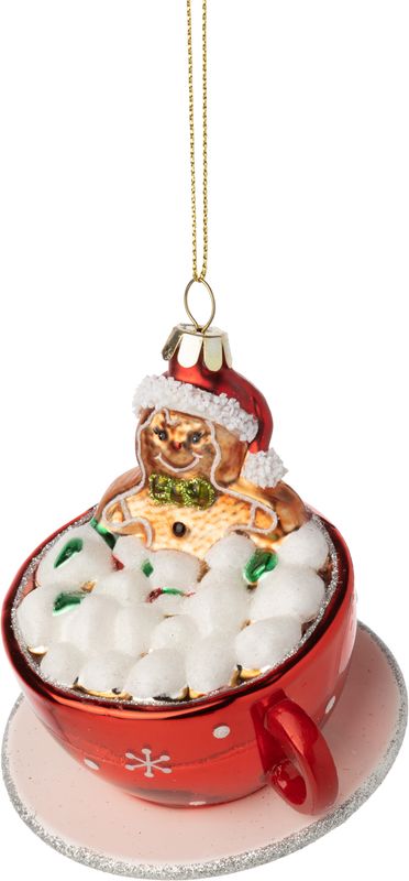 Glass cup and saucer hot chocolate ornament with glass gingerbread man, 3.25 in  6
