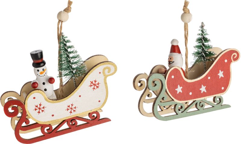 2 Asst&#39;d mini sleigh ornaments with Santa and snowman, tiny trees red &amp; white, 3 in  12