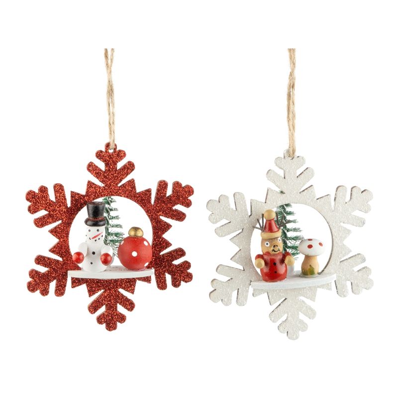 2 Asst&#39;d glitter snowflake ornaments mini reindeer and snowman &amp; tiny tree, red and white, 3.5 in  24