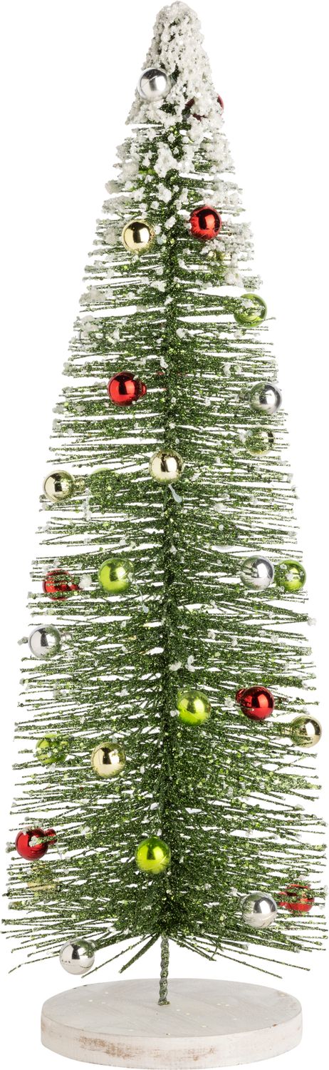 Green bristle tree with green glitter, mini ornaments and white snow top, white glittered wood base, 21 in  4
