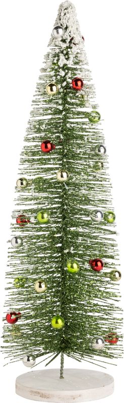 Green bristle tree with green glitter, mini ornaments and white snow top, white glittered wood base, 21 in  4