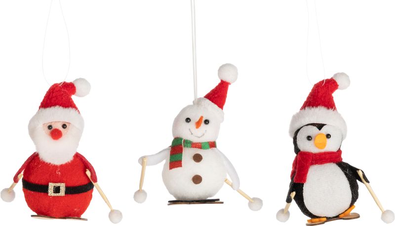 3 Asst&#39;d mini skiing snowman, Santa and penguin ornaments, 3.5 in  24