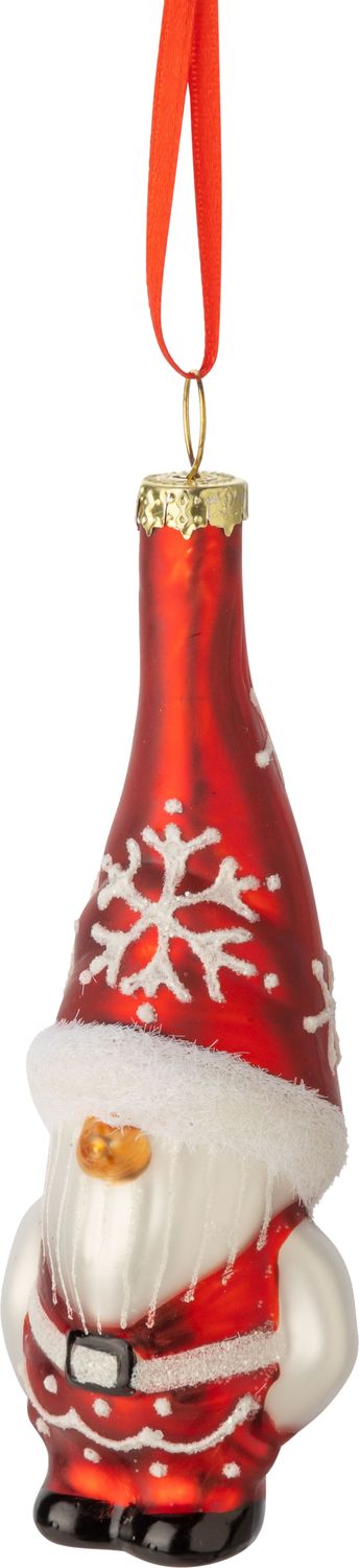 Glass Santa gnome ornament, matte red and white glittered snowflake hat, 4 in  12