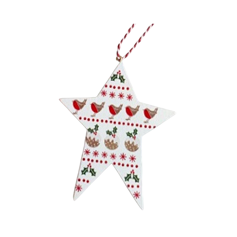 Printed wood star ornament, scandi bird pattern, 4.75 in  24