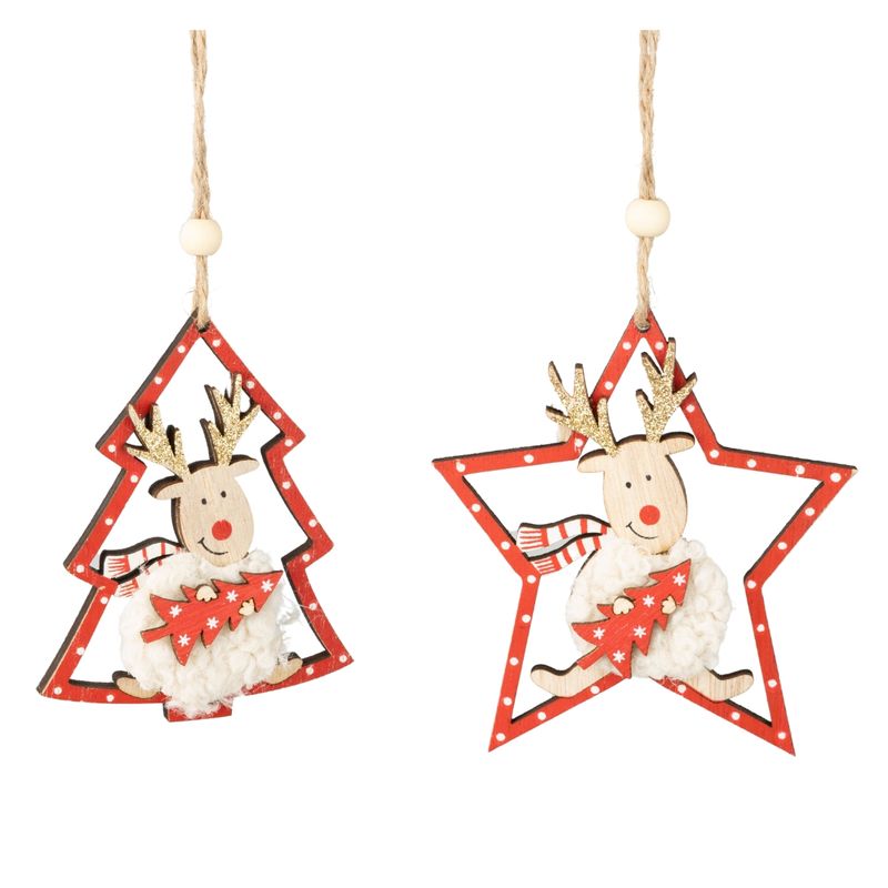 2 Asst&#39;d painted wood deer in tree and star ornaments, 6.5 in  24