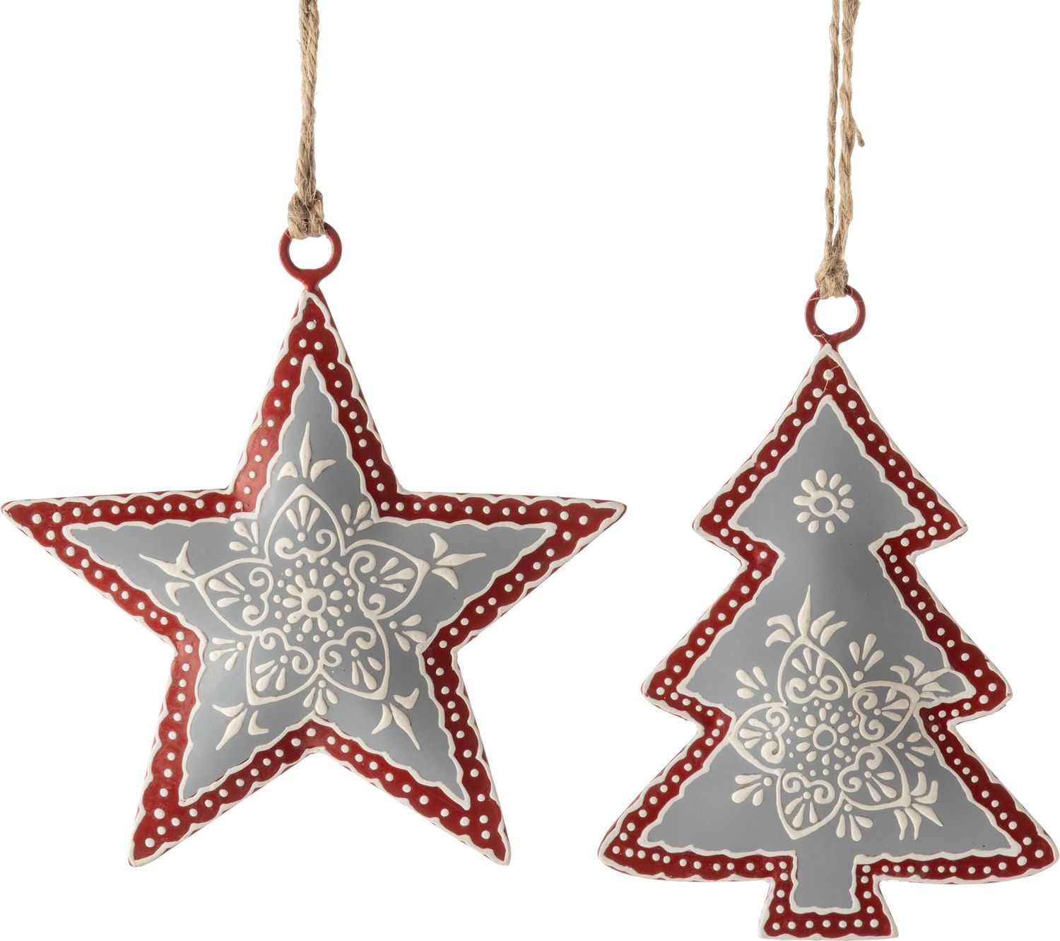 2 Asst&#39;d painted metal star &amp; tree ornaments, grey and red, white snowflake pattern center, 4 in  12