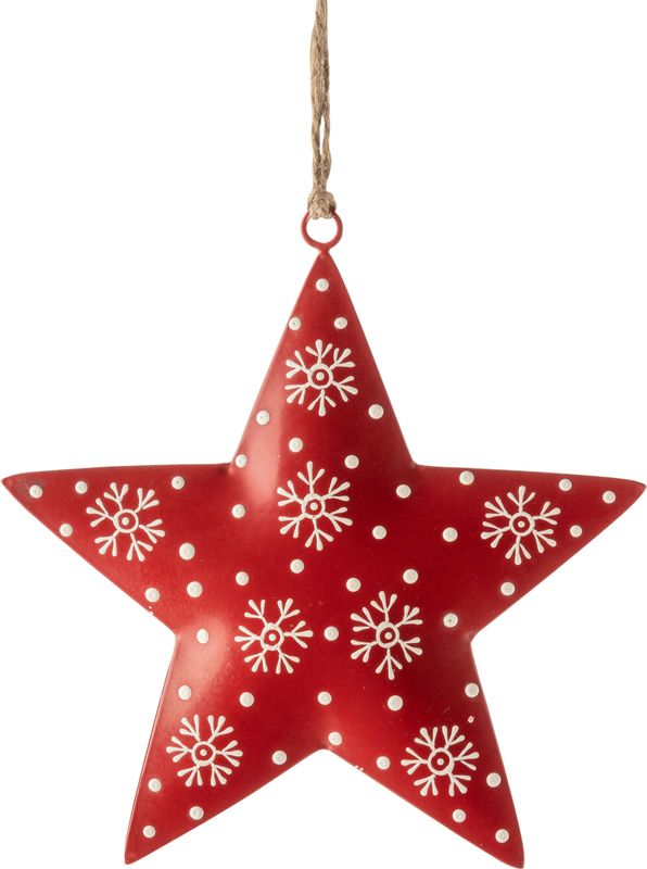 Painted metal star ornament, red with snowflake and dot pattern, 6 in  12