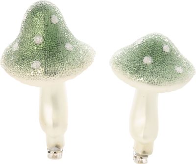2 Asst&#39;d glass clip-on mushroom ornaments, green  and white with chunky bead finish, 3.5 in~4 in  24
