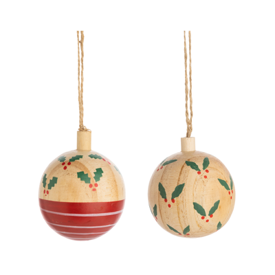 2 Asst&#39;d solid painted wood ball decorations with holly prints, 2.4 in  24