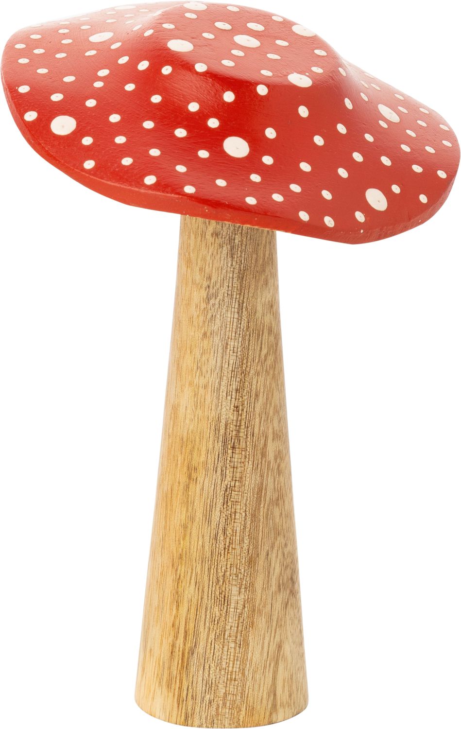 Red mushroom table piece with white dots and varnished wood base, 6.5 in  2