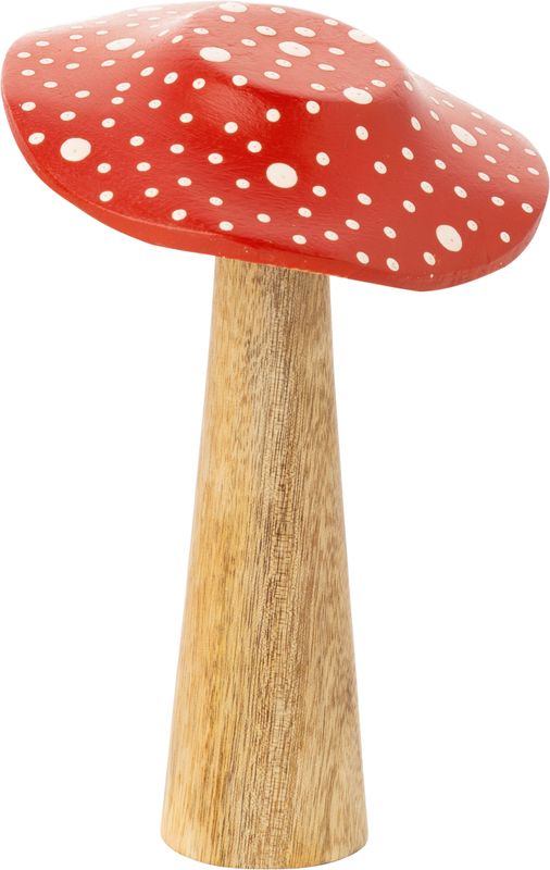 Red mushroom table piece with white dots and varnished wood base, 6.5 in  2
