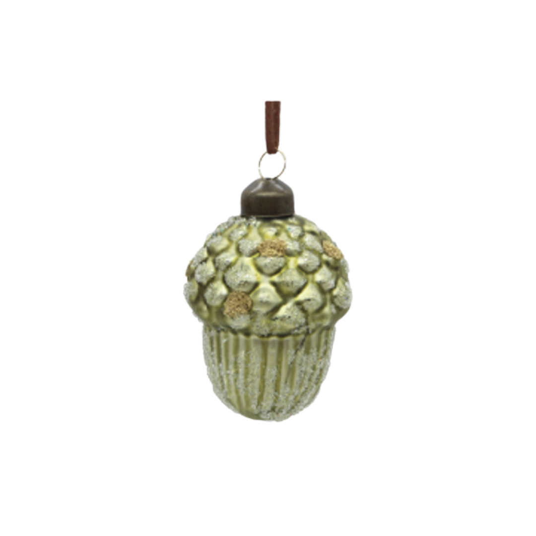 Glass acorn ornament, light green frost glitter finish, 3 in  12