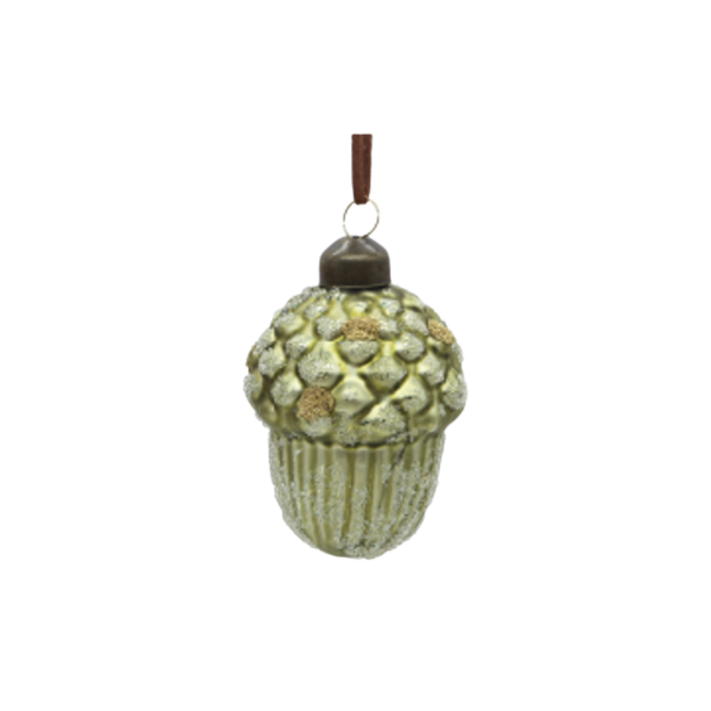 Glass acorn ornament, light green frost glitter finish, 3 in  12