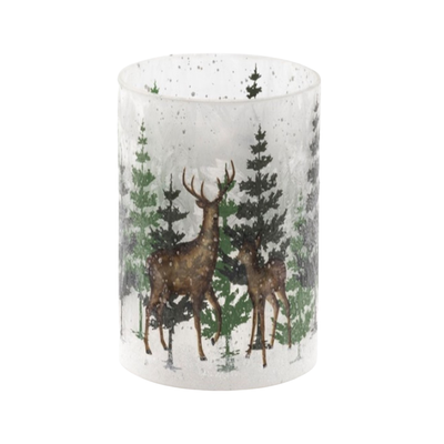 Glass holder table piece, deer in forest scene on frosted background, 5 in  6