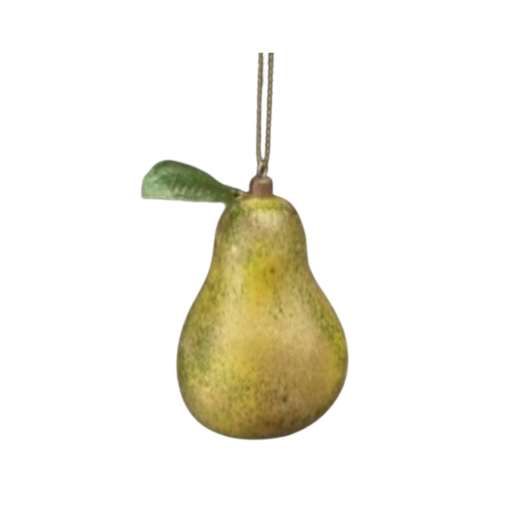 Painted resin pear ornament with embossed metal leaf, 2.5 in  6