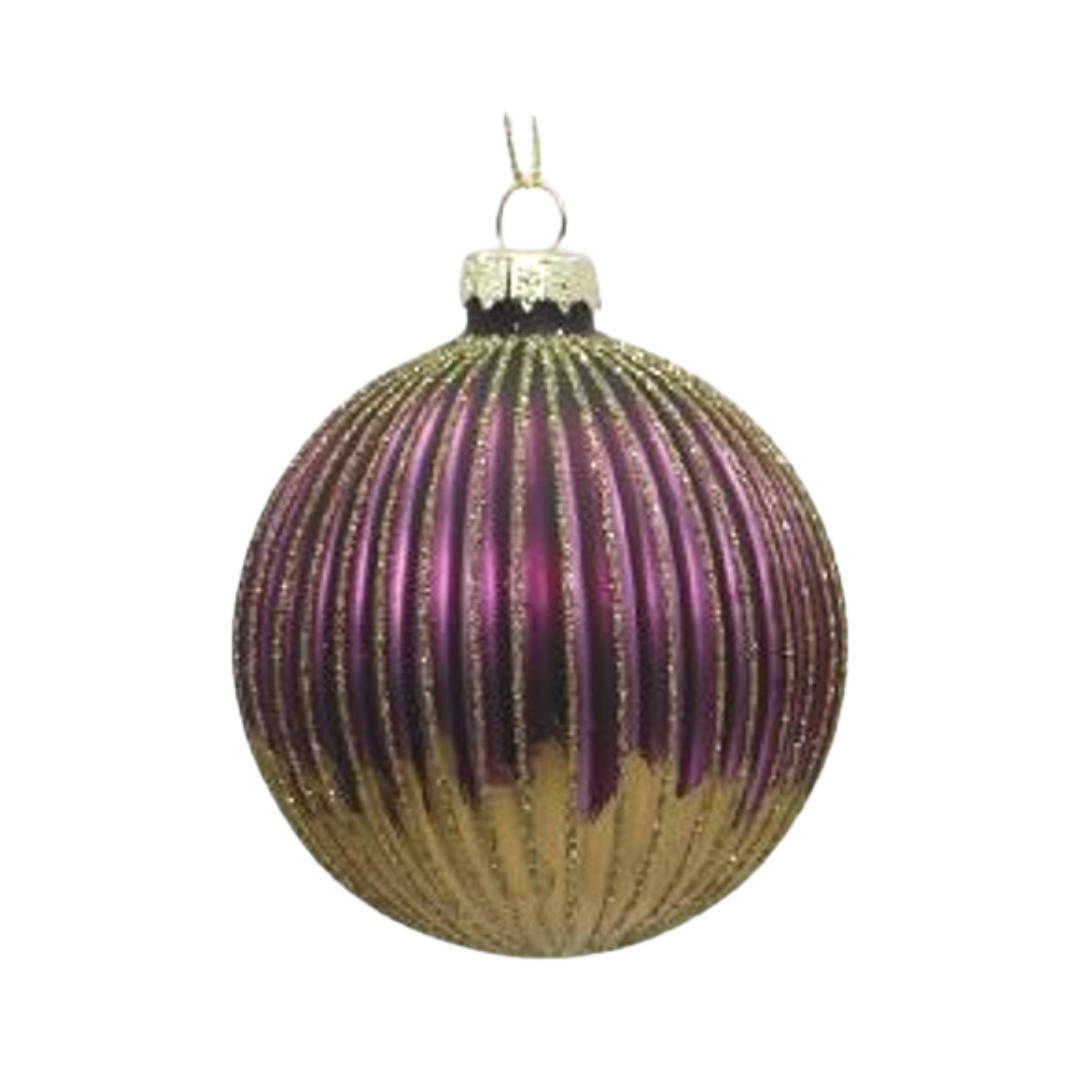 Fluted glass ball ornament, purple with matte gold bottom and glitter bands, 80mm/3 in  12