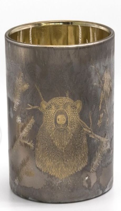 Glass holder table piece holder, antique silver frost finish. Hidden owl, bear and stag motif when lit, 3 in  12
