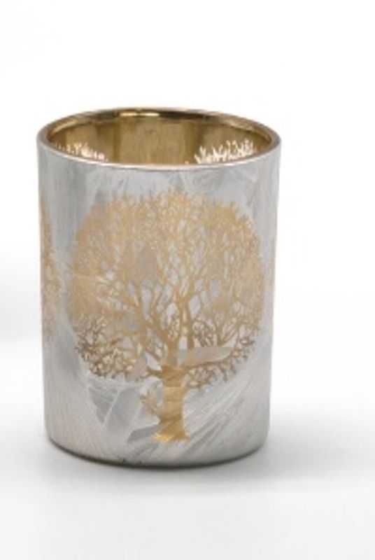 Glass holder table piece, gold interior, silver frost exterior, gold tree motif, 3 in  12