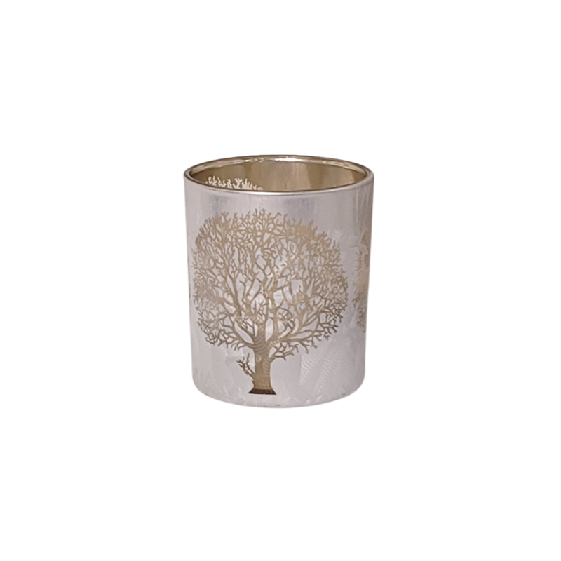 Glass holder table piece, gold interior, silver frost exterior, gold tree motif, 4 in  6