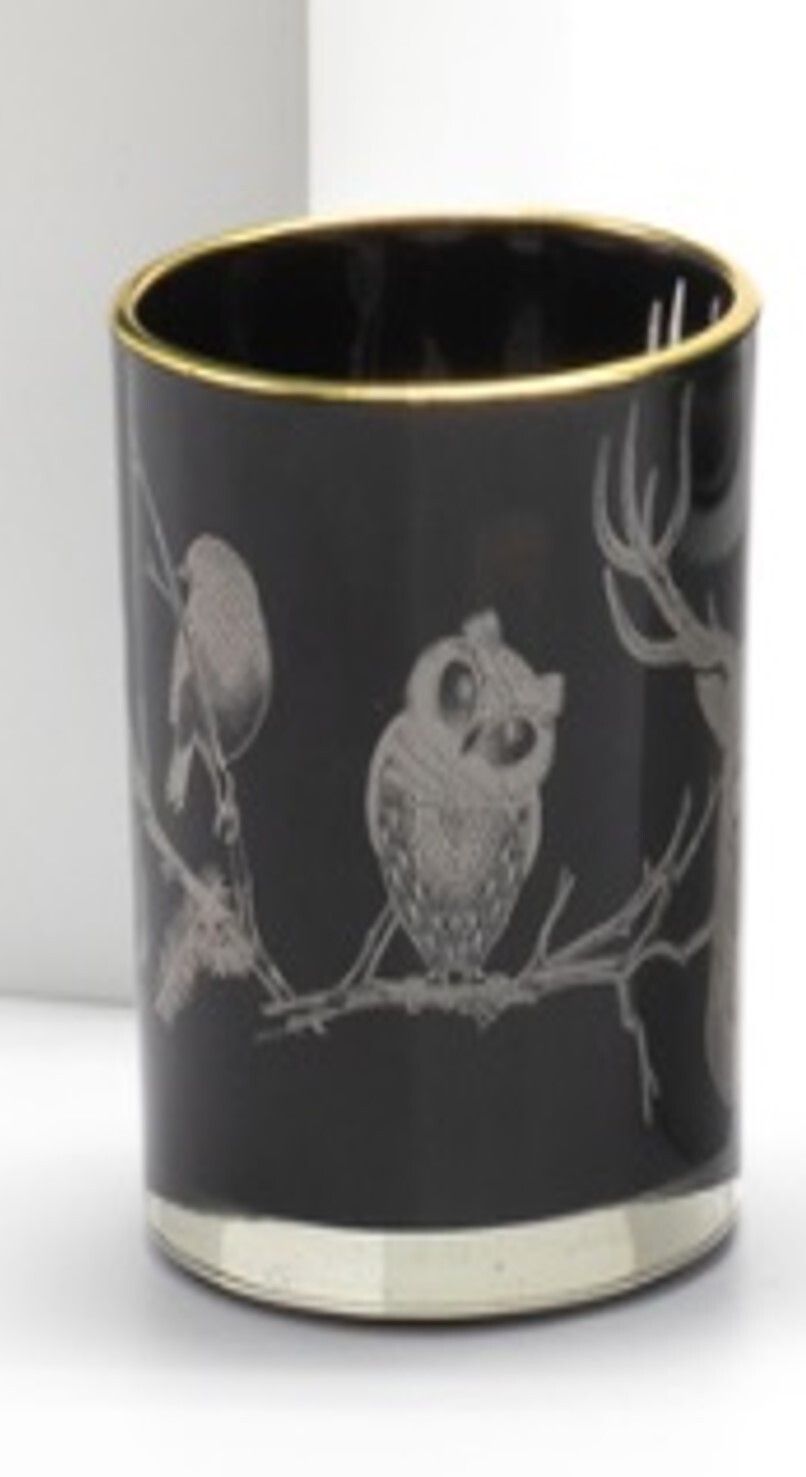 Glass holder table piece, black with owl, bear and stag motif, gold rim, 5 in  6