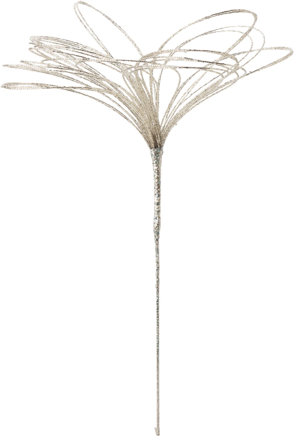 Beaded floral pick on large loop petals, folds flat, silver, open 12 in dia, long 21 in  6