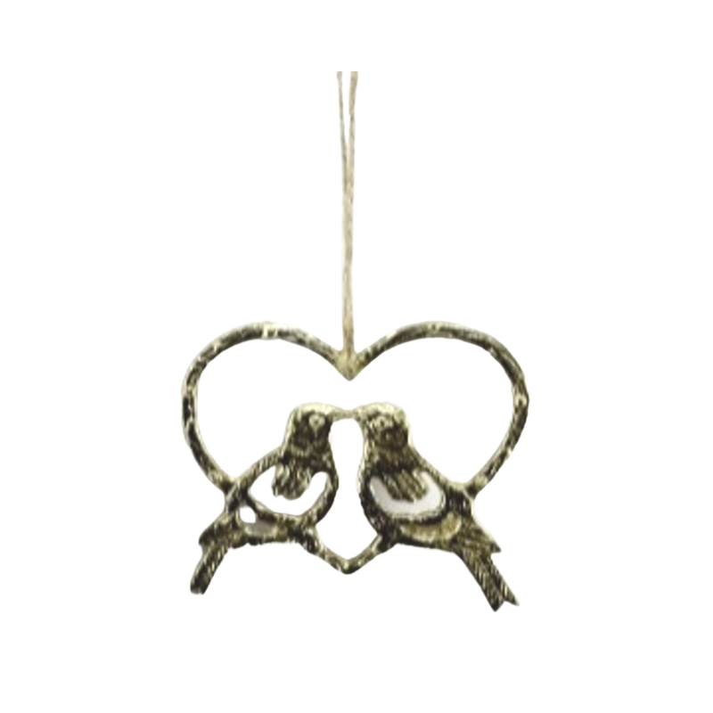Cast metal love birds in heart ornament, gold, 4.25 in  12