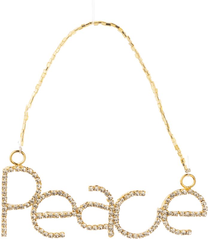 Clear rhinestone Peace ornament, gold metal frame, 5 in  6