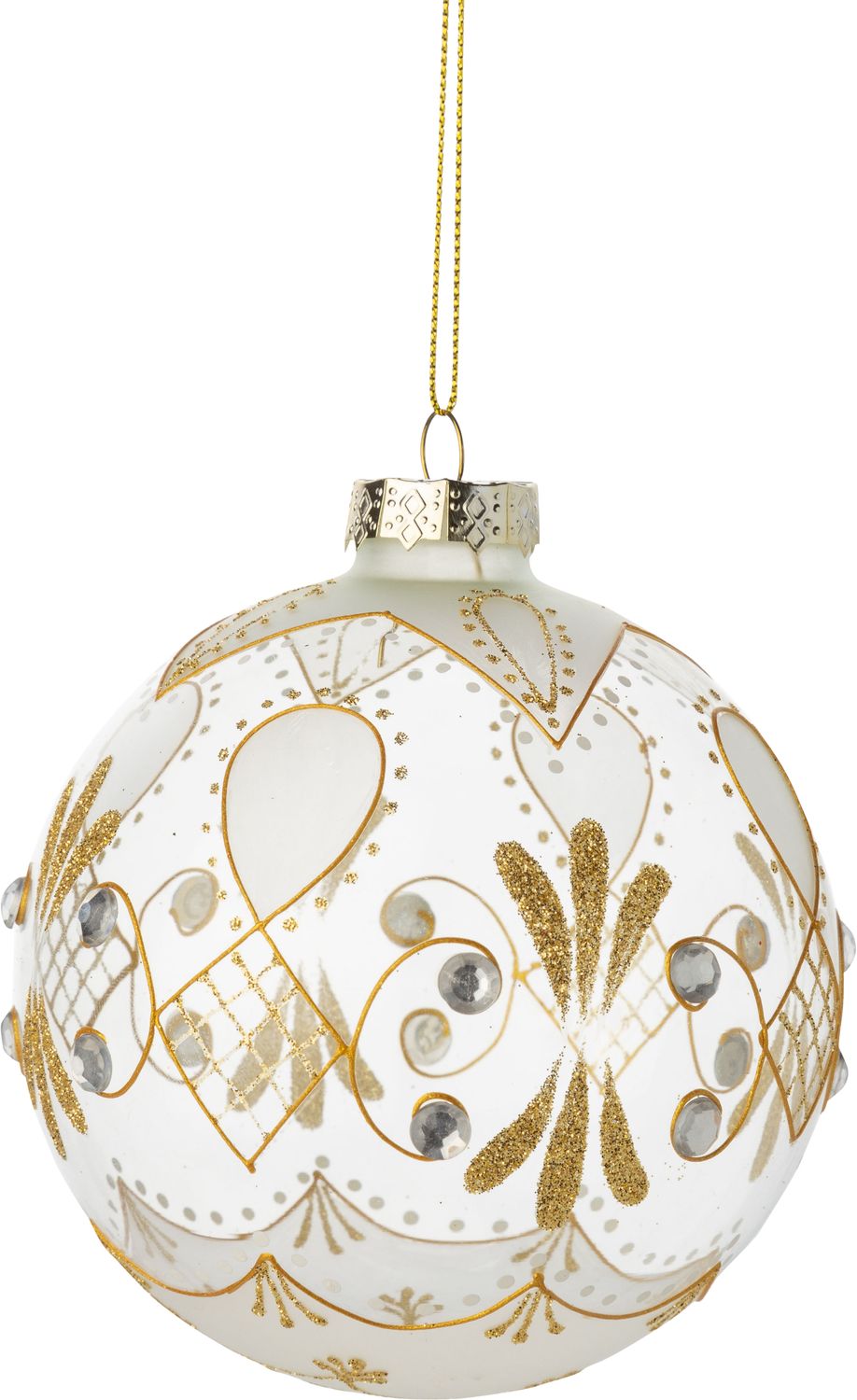 Glass ball, clear with opaque pattern, gold glitter and clear diamantes, 100mm/4 in  12