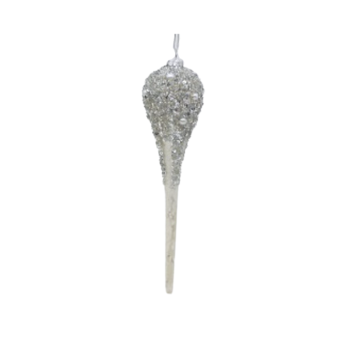 Glass icicle drop ornament, silver with bead and glitter top, 10 in  12