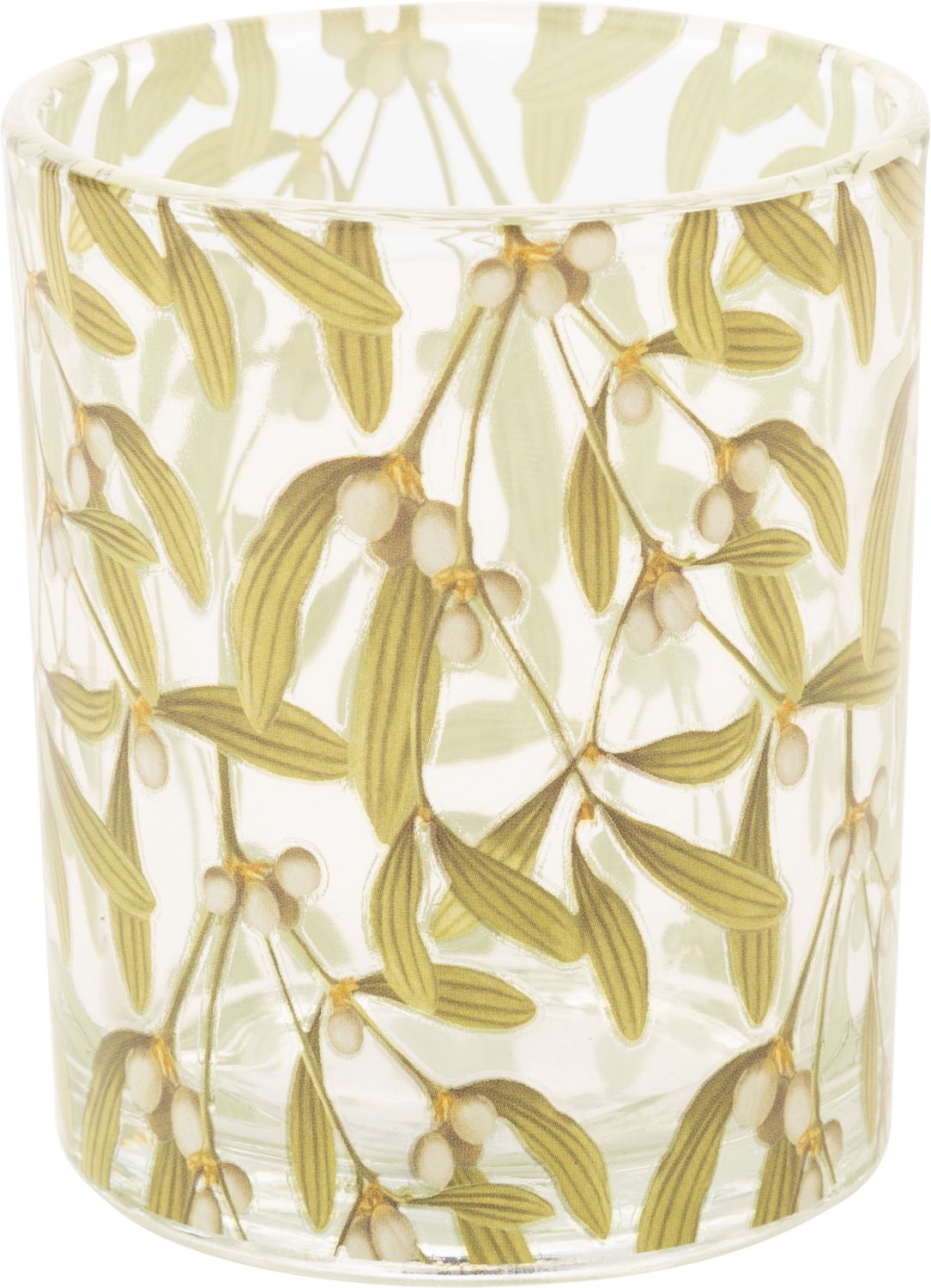 Glass tea light holder, clear with light green mistletoe print, 3 in  12