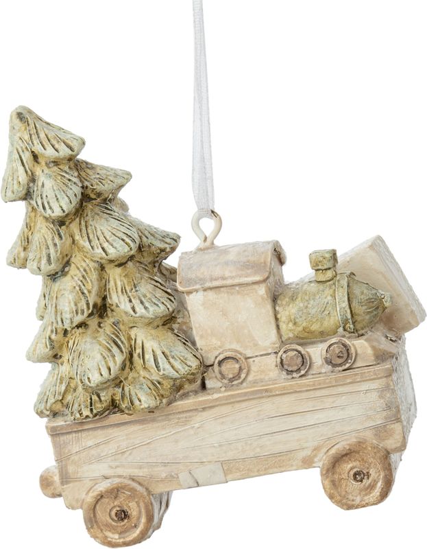 Painted resin wagon with tree ornament, 2.75 in  12