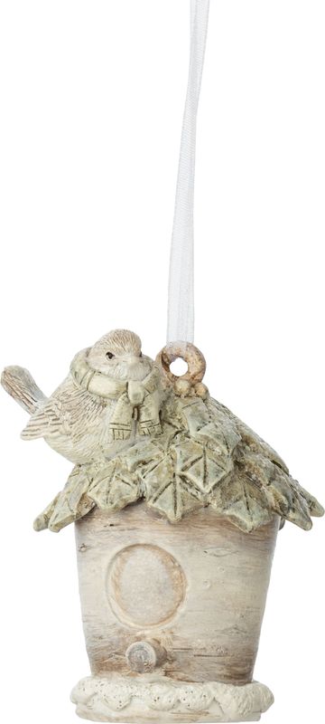 Painted resin bird house ornament, holly pattern roof w/bird, 2.5 in  12