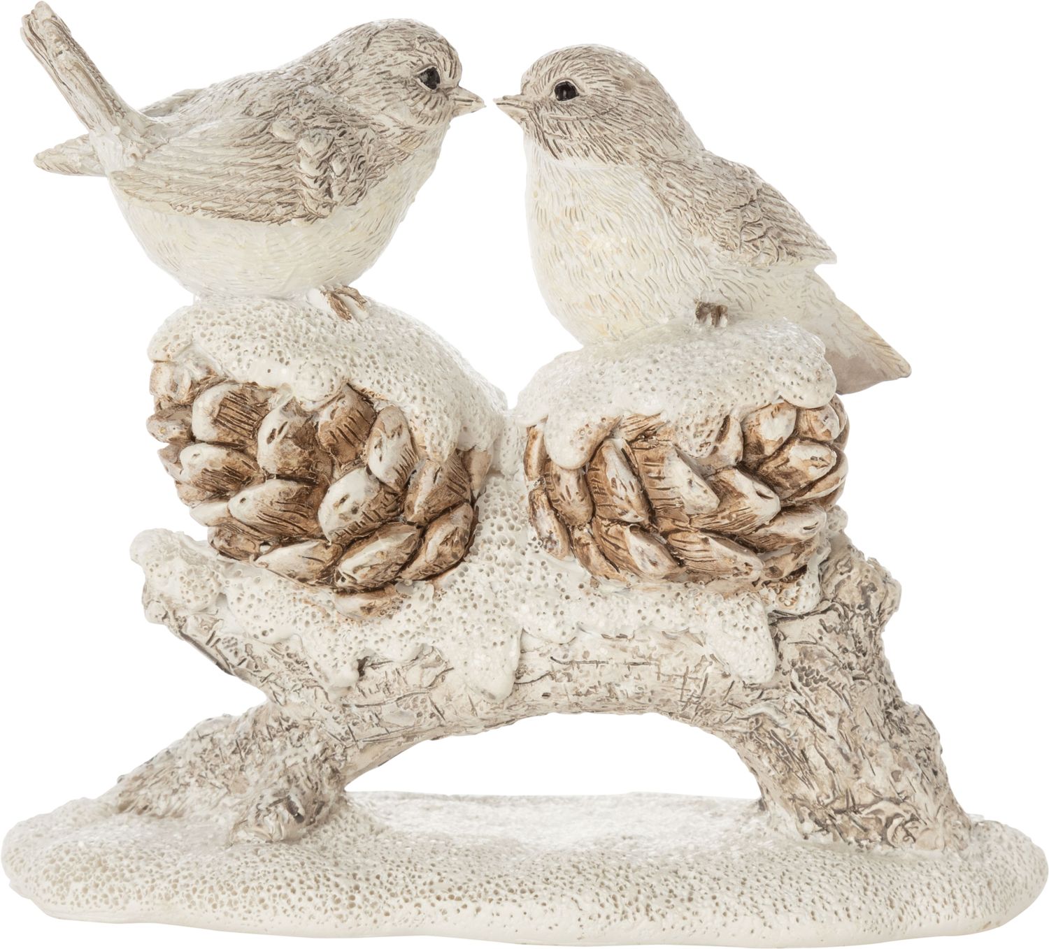 Painted resin bird couple on snowy branch table piece, 4.75 in  4