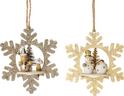 2 Asst&#39;d glitter snowflake ornaments mini reindeer and snowman &amp; tiny tree, gold &amp; silver, 3.5 in  24