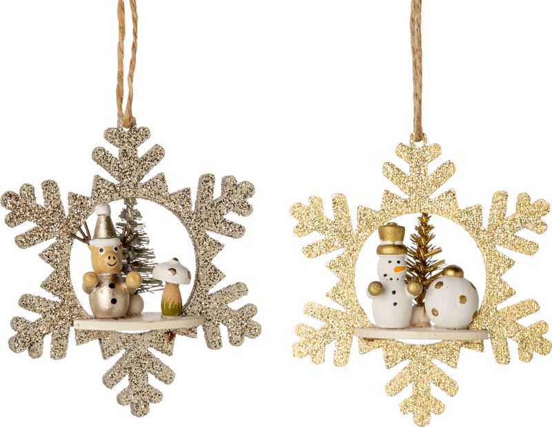 2 Asst&#39;d glitter snowflake ornaments mini reindeer and snowman &amp; tiny tree, gold &amp; silver, 3.5 in  24