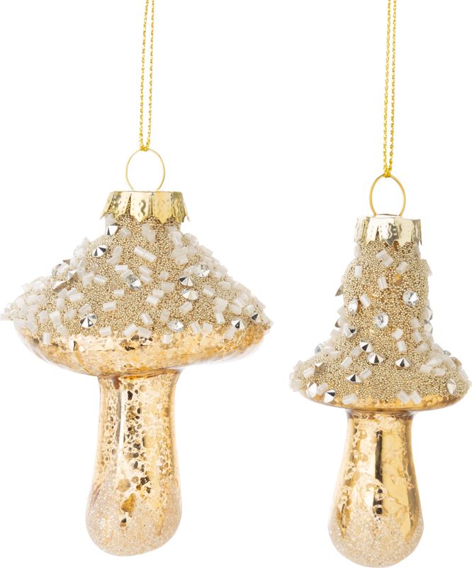 2 Asst&#39;d glass mushroom ornaments, antique gold with clear, silver and gold bead tops, 3 in  24