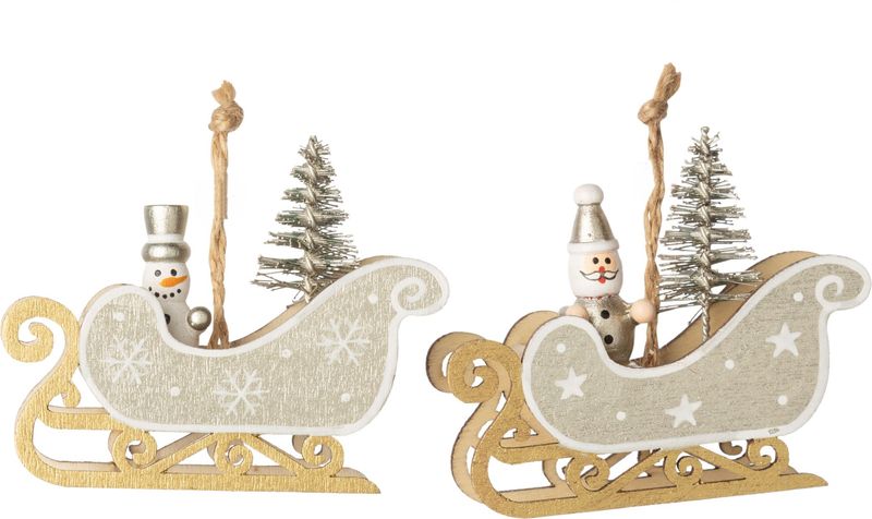 2 Asst&#39;d mini sleigh ornaments with Santa and snowman, silver and gold tiny trees, 3 in  12