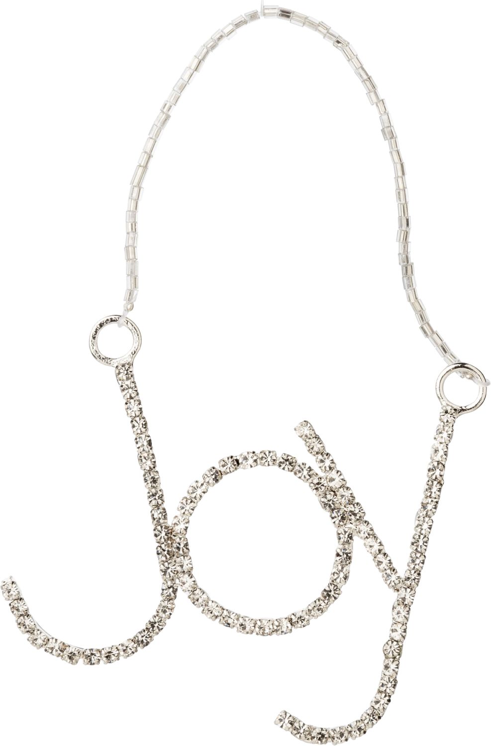 Brilliant cut clear rhinestones set in silver metal JOY word ornament, 3 in  6
