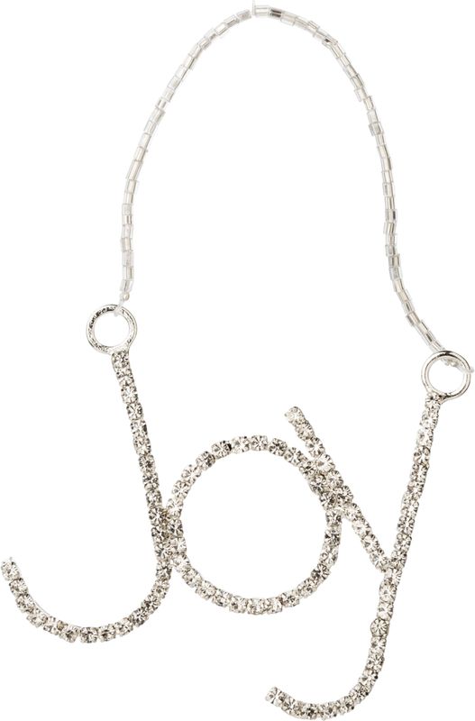 Brilliant cut clear rhinestones set in silver metal JOY word ornament, 3 in  6