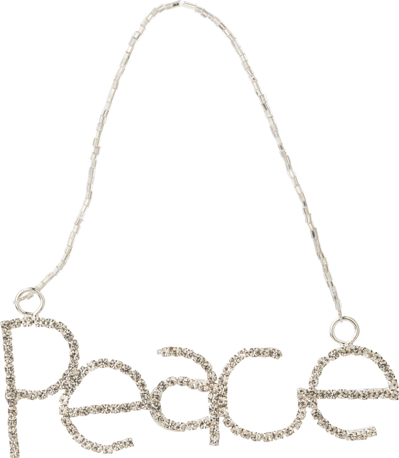 Brilliant cut clear rhinestones set in silver metal PEACE word ornament, 5 in  6