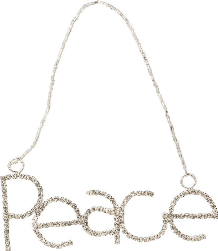 Brilliant cut clear rhinestones set in silver metal PEACE word ornament, 5 in  6