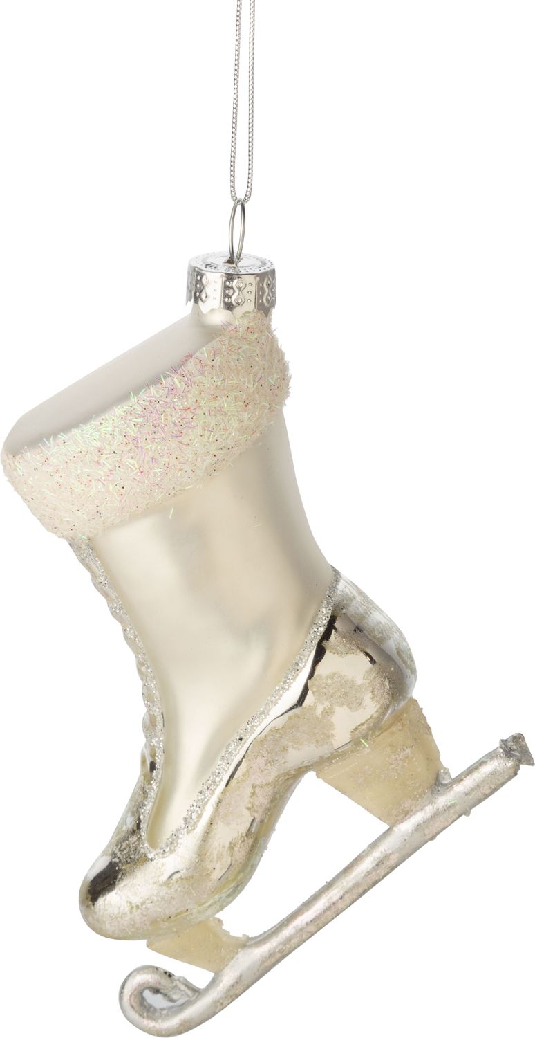 Glass ice skate ornament, matte white with glittered top, 4 in  12