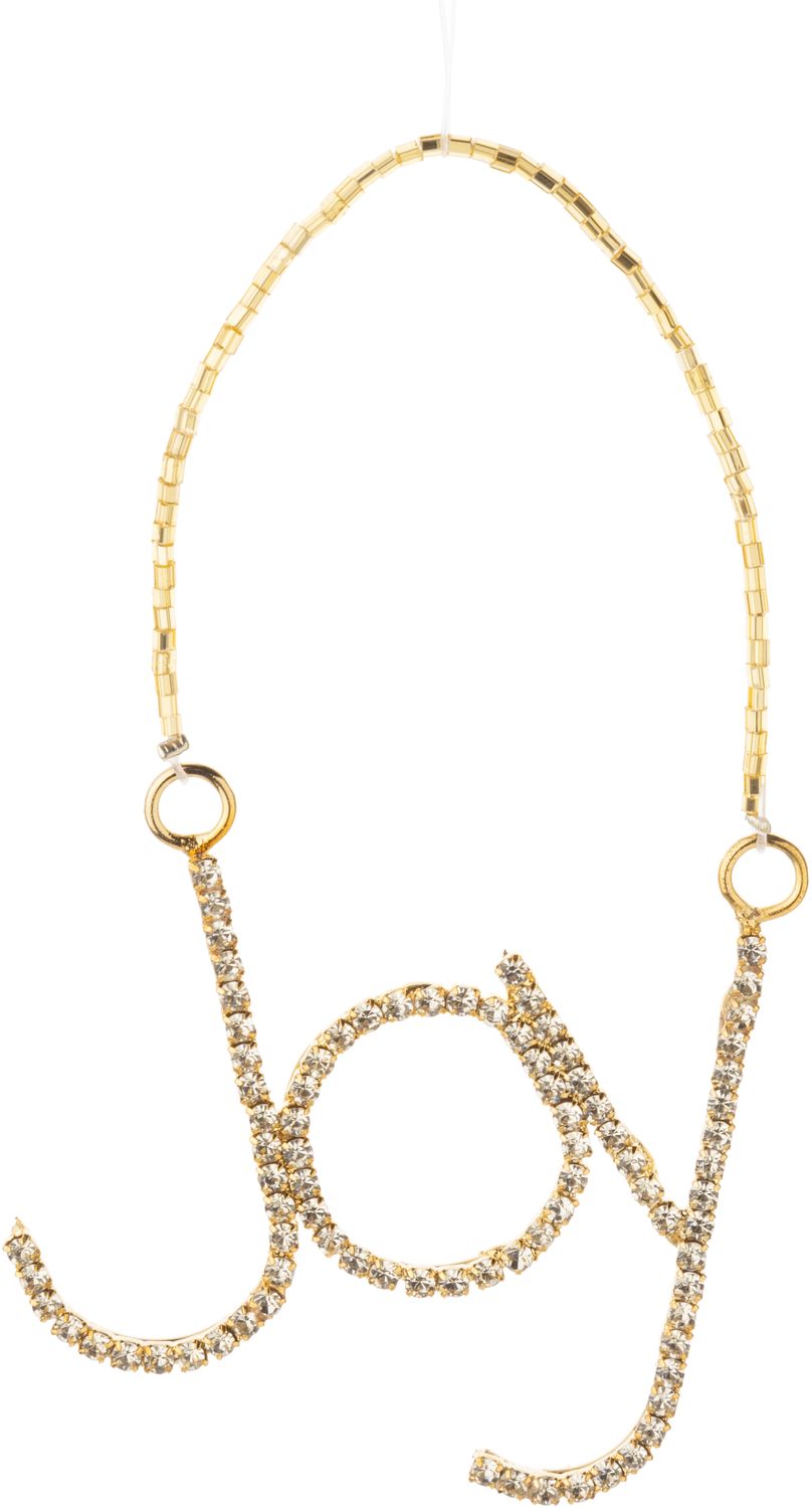 Brilliant cut clear rhinestones set in gold metal JOY word ornament, 3 in  6