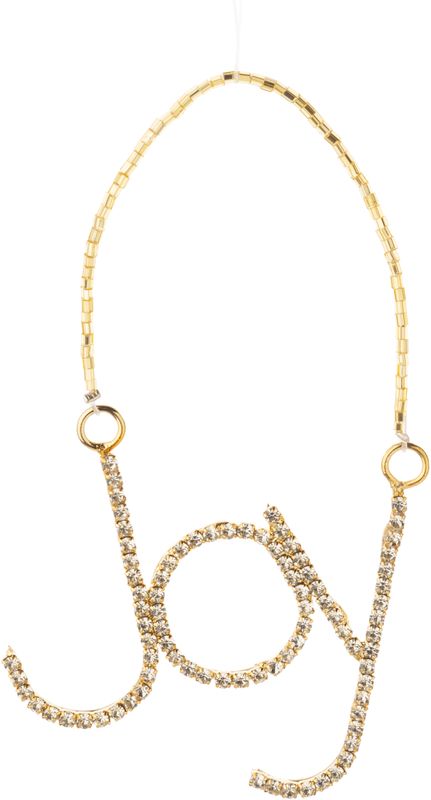 Brilliant cut clear rhinestones set in gold metal JOY word ornament, 3 in  6
